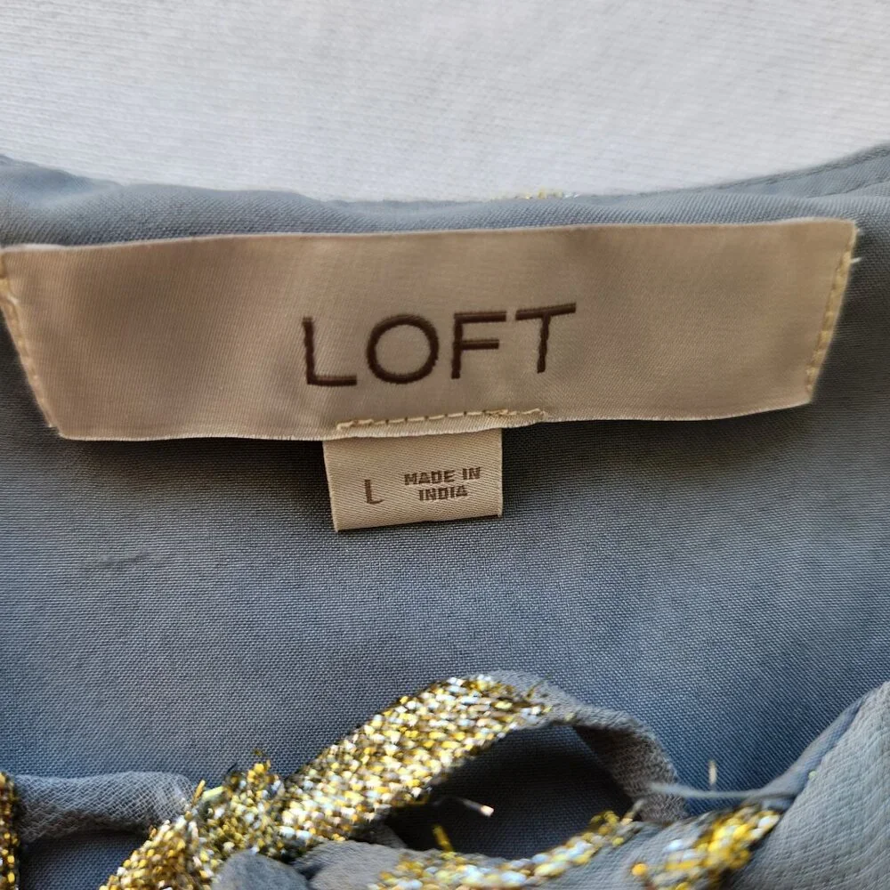 Loft Gold Star Print Shimmer Long-Sleeve Tiered Dress Gray Metallic Babydoll - Picture 8 of 11